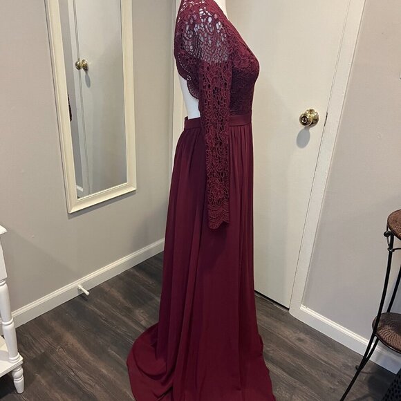 NWT Lulus Burgundy Awaken My Love Long Sleeve Open Back Lace Maxi Dress, Size S - Picture 8 of 16